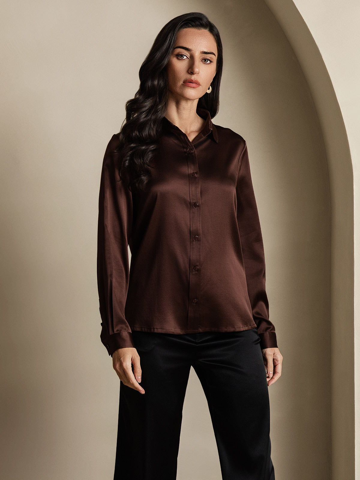 SilkSilky-NO 19Momme Womens Shirt Kaffe 001