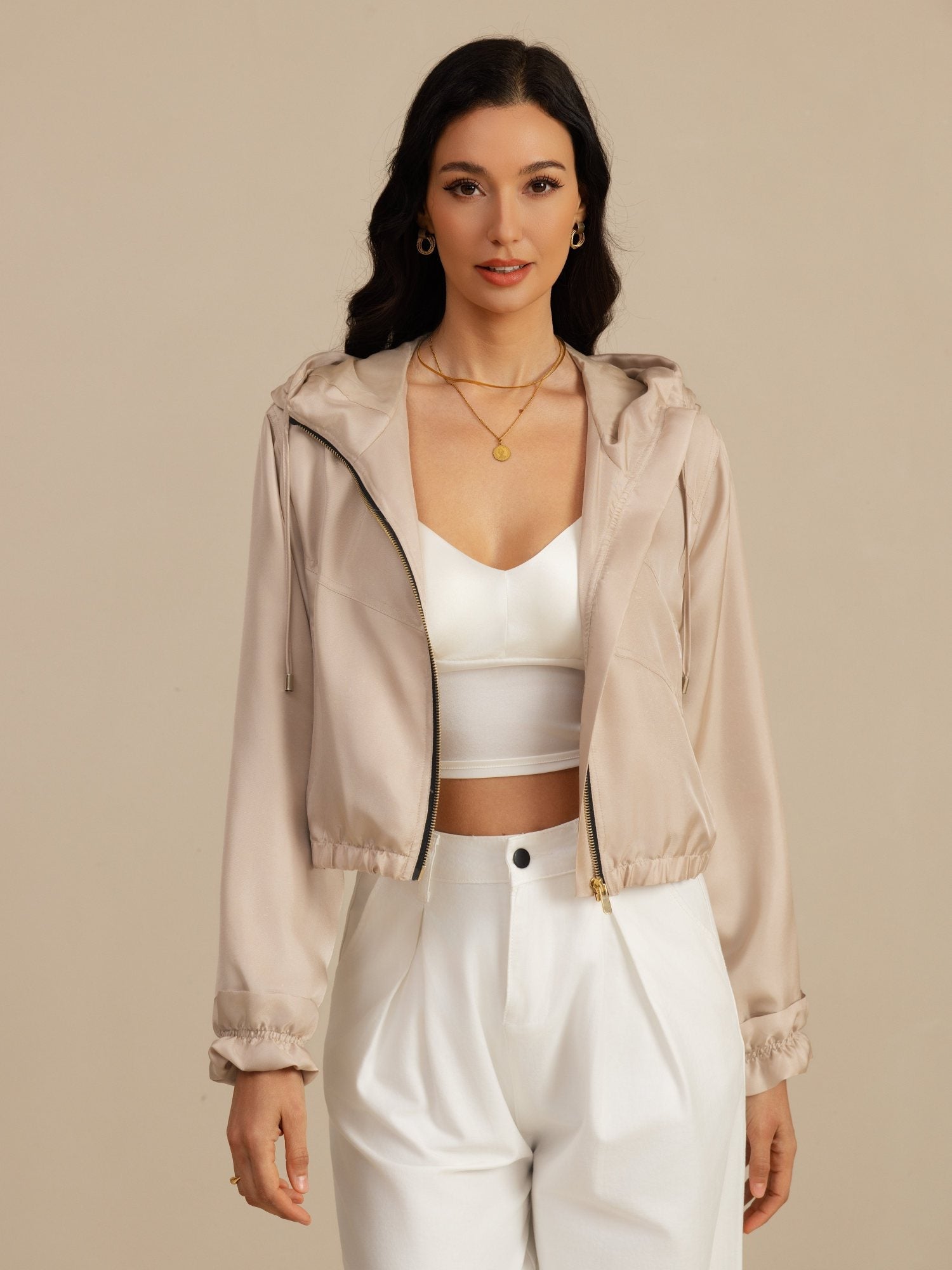 [Tan] SilkSilky-NO 18Momme Langermet Høy Hals Yttertøy for Kvinner 005