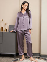 [Lilla Grå] SilkSilky-NO Long Sleeve Lapel Collar Pyjamas for Kvinner 001