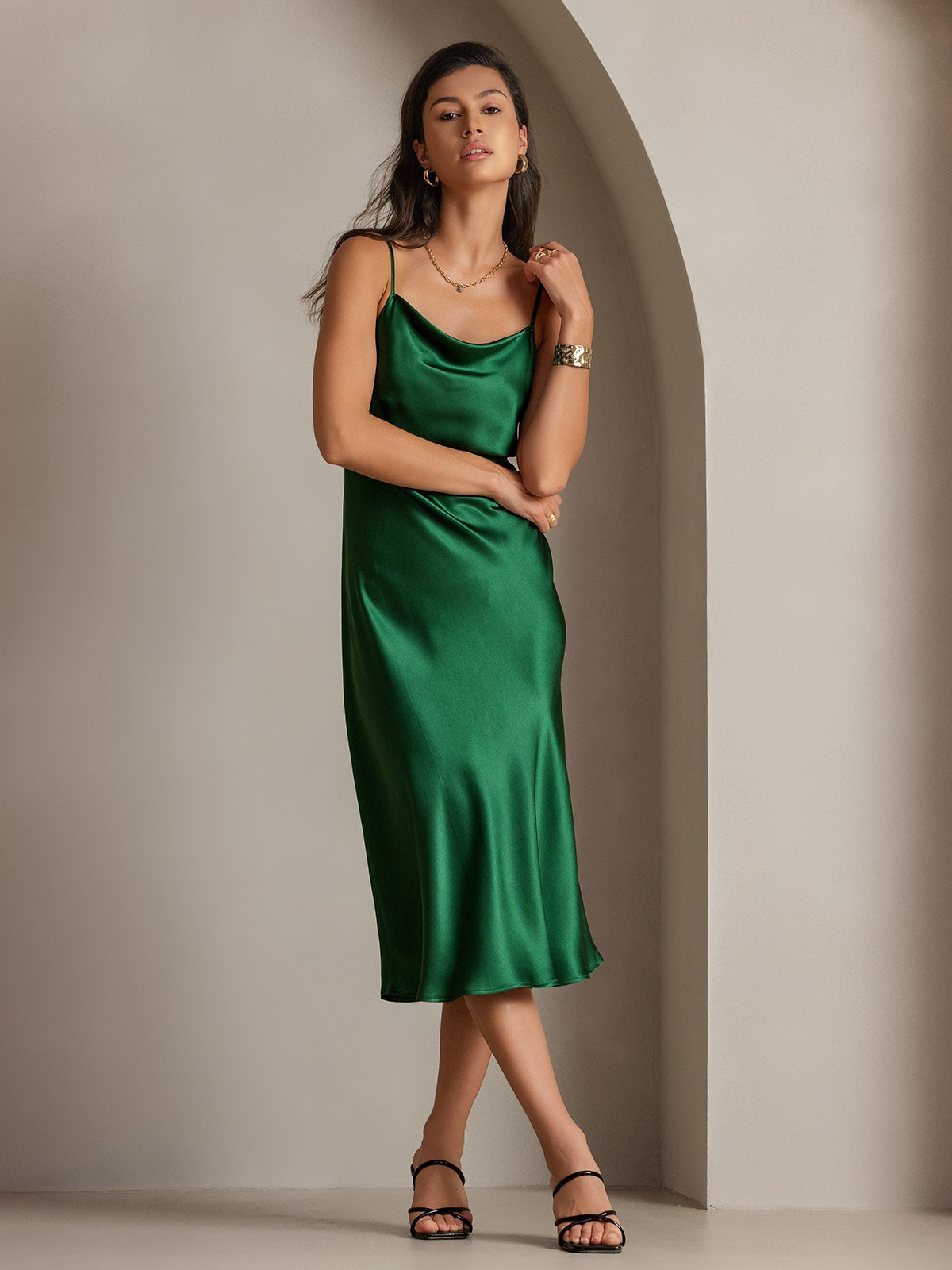 SilkSilky US Pure Silk Sleeveless Cowl Neck Dress Green 004