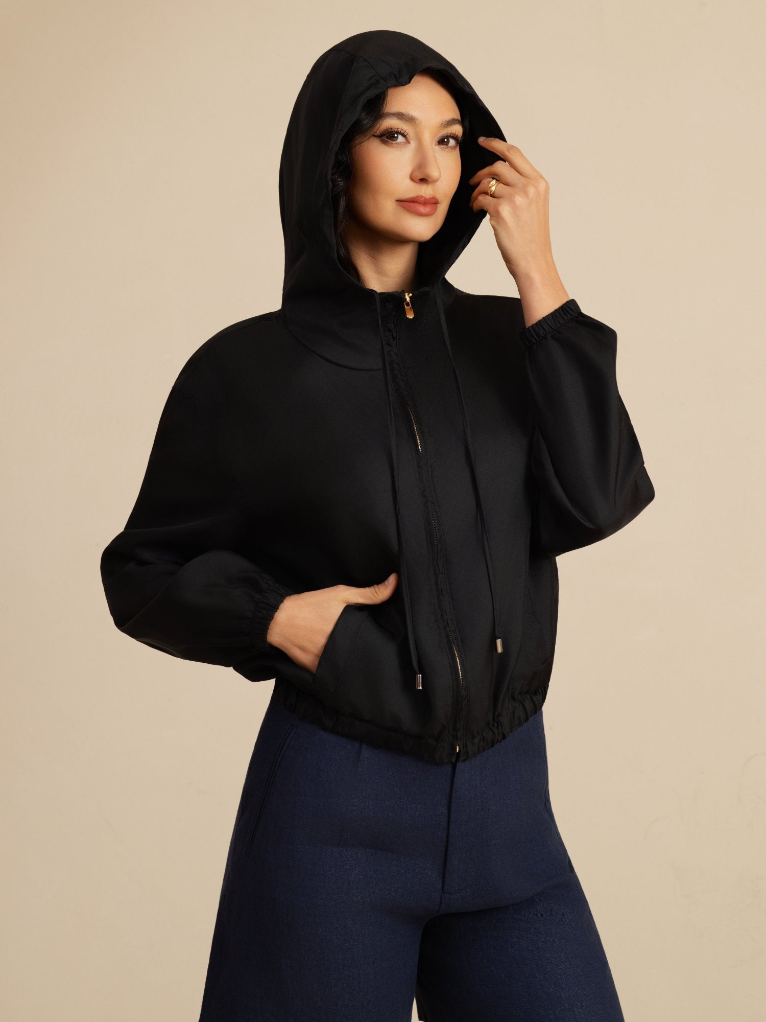 [Svart] SilkSilky-NO 18Momme Langermet Ståkrave Yttertøy for Kvinner 005