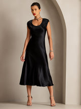[Svart] SilkSilky-NO Cap Sleeve Scoop Neck Kjole 006