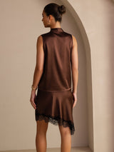 [Mørk Sjokolade] SilkSilky-NO Sleeveless Tie Neck Camisole Topp 002