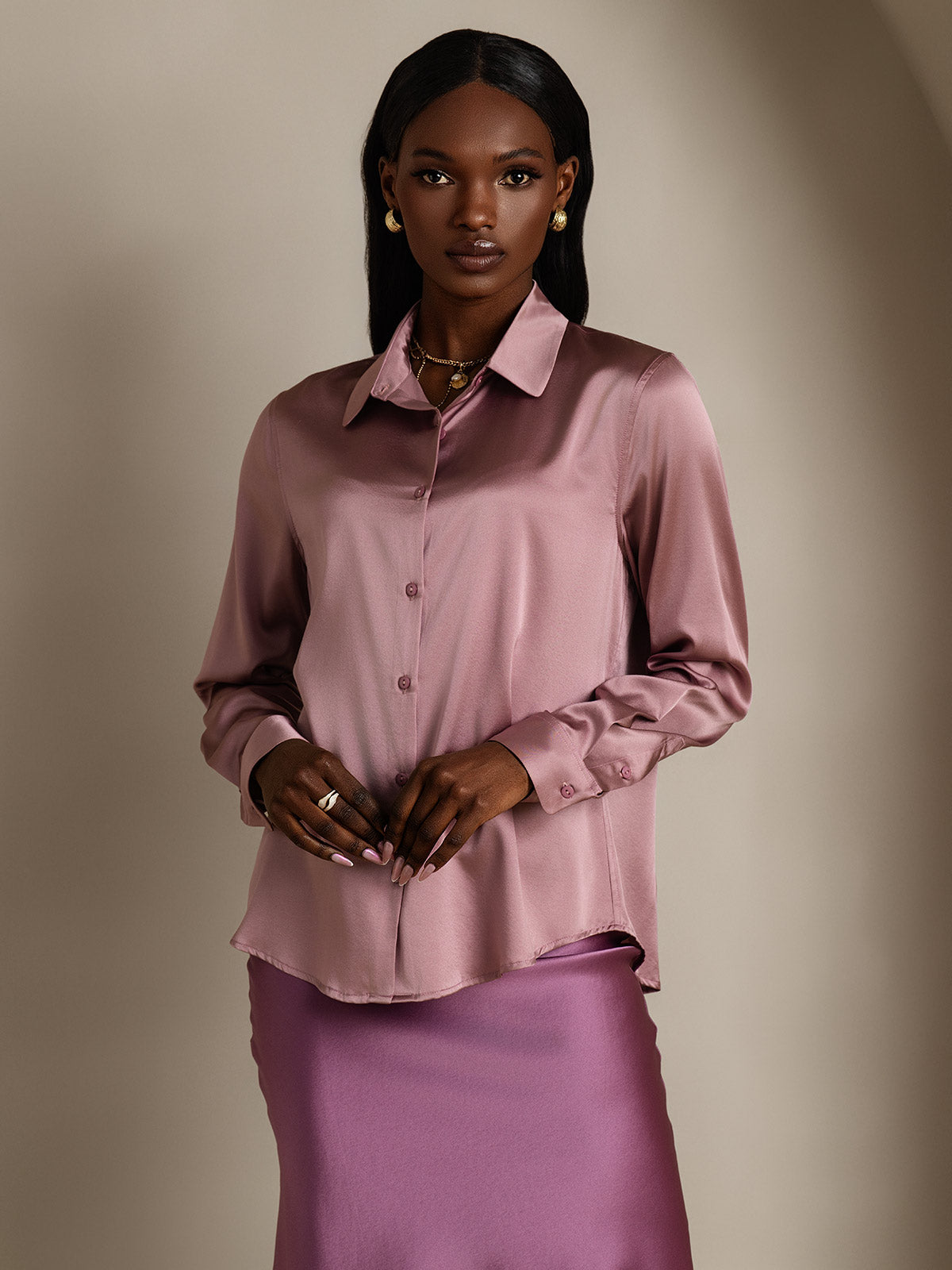 [Blek Mauve] SilkSilky-NO Silke Lapel Collar Skjorte for Kvinner 006