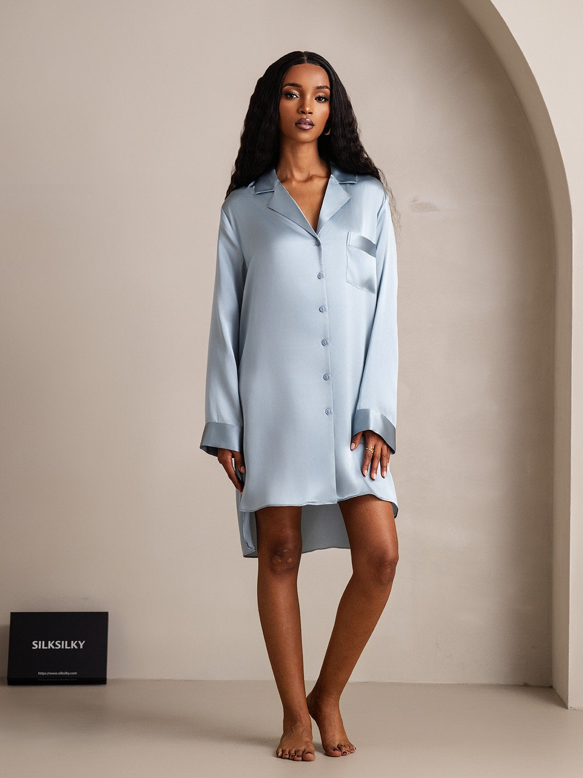 [Gråblå] SilkSilky-NO Silke Nightgown 005