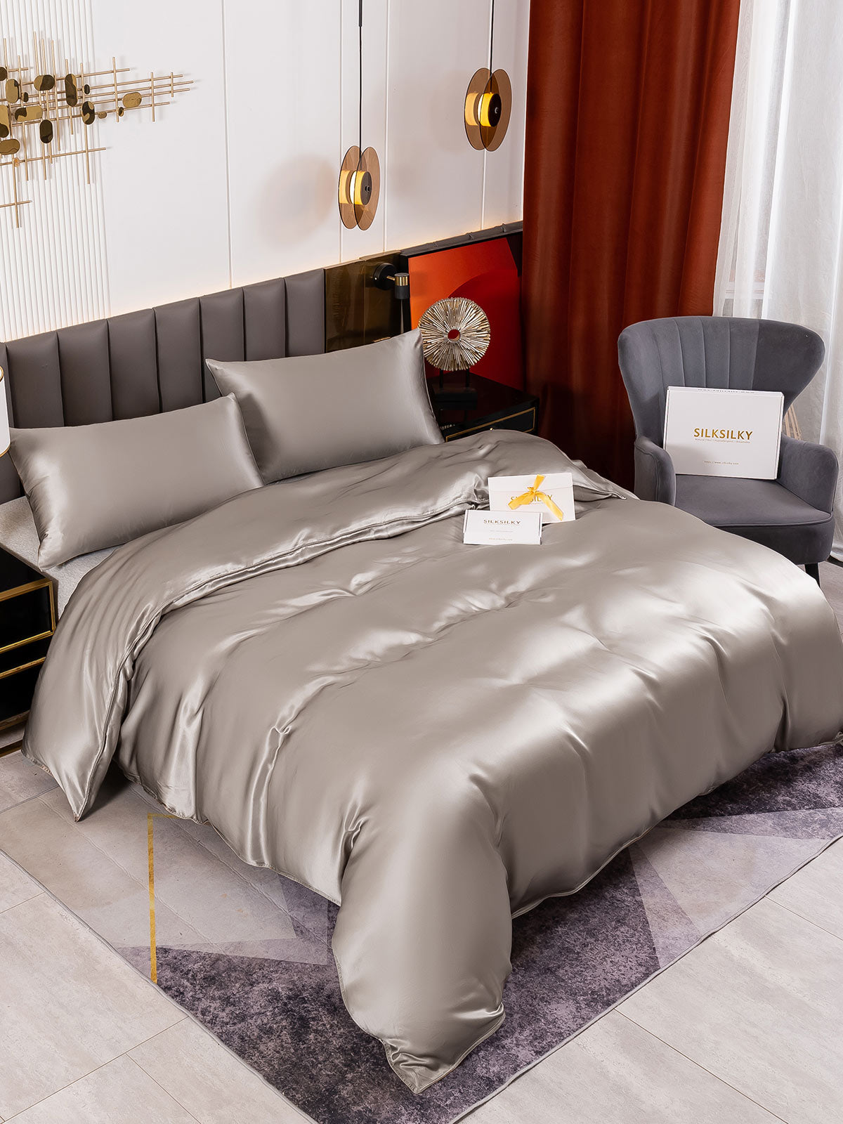 [Grå] SilkSilky-NO 19Momme Bedding Set 001