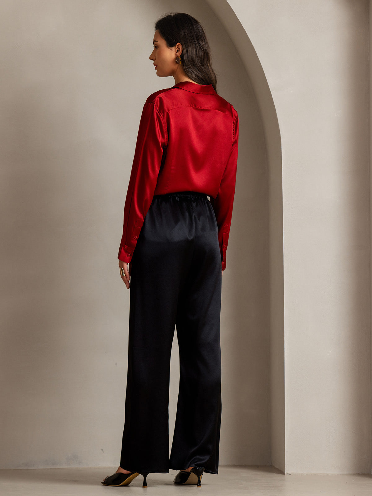[Rød] SilkSilky-NO Silke Long Sleeve Collar Skjorte for Kvinner 002