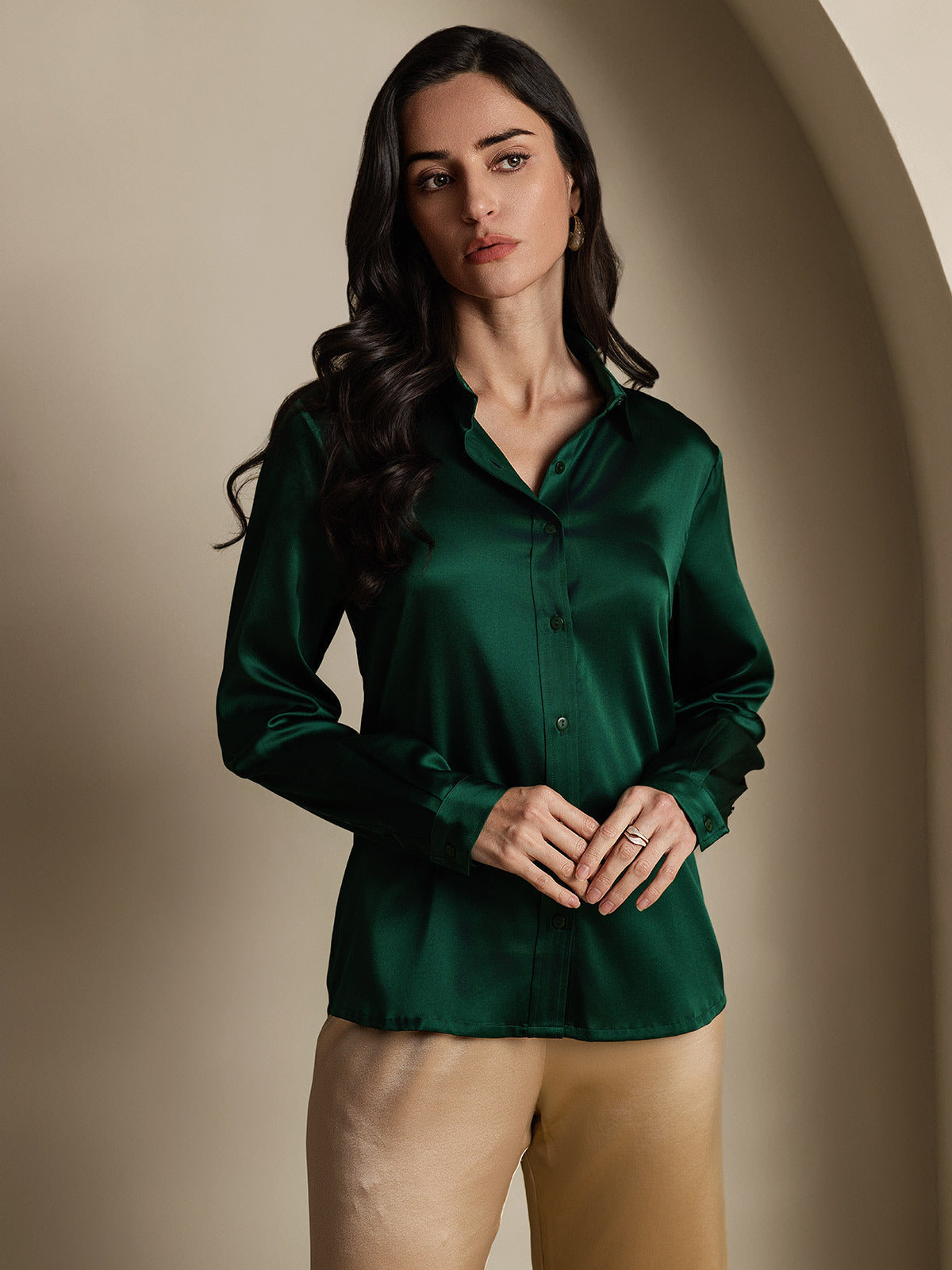SilkSilky-NO 19Momme Silke Womens Shirt MørkGrønn 003