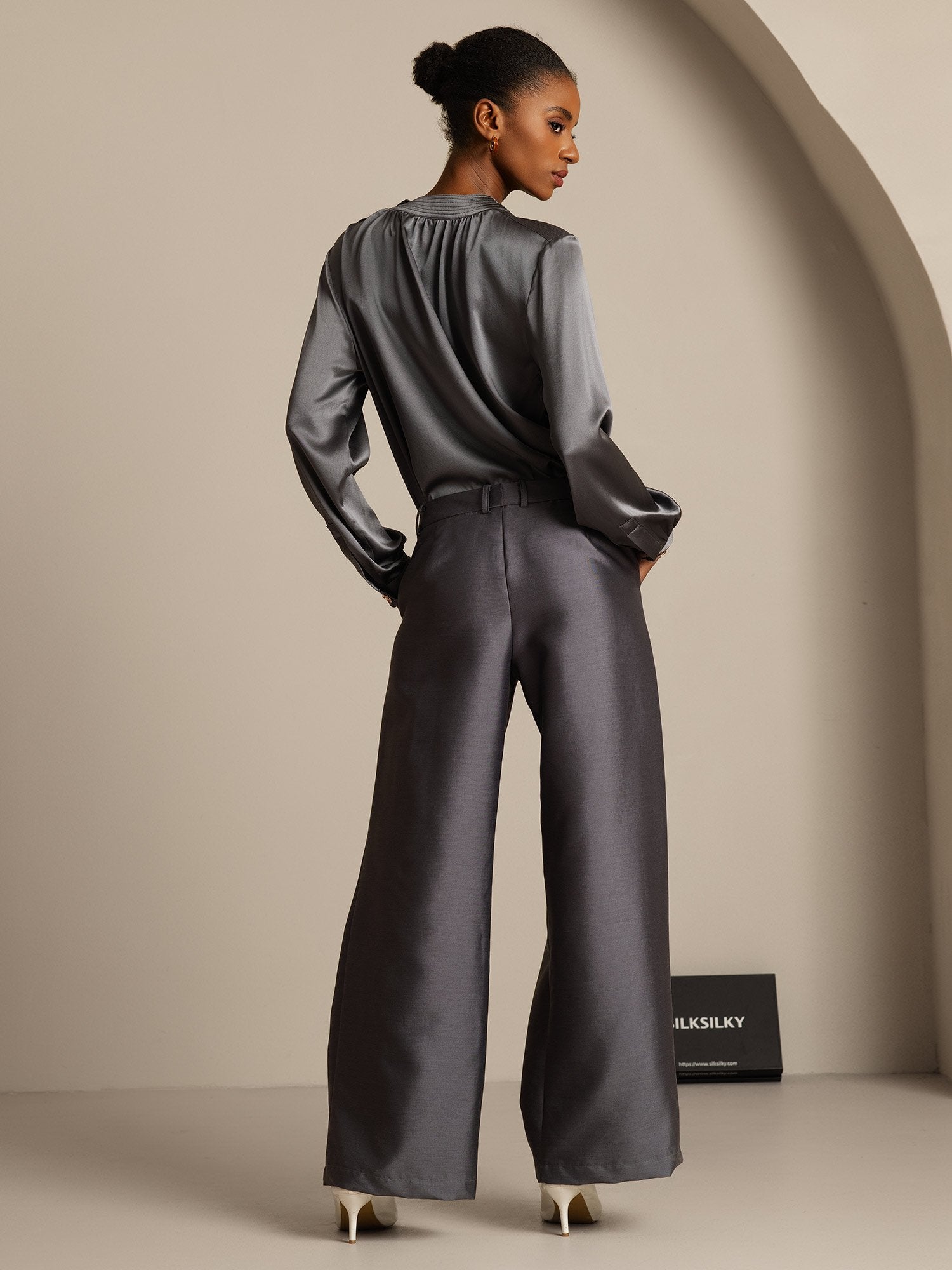 [Grå] SilkSilky-NO 32Momme Silk-Wool Blend Womens Pants 002,