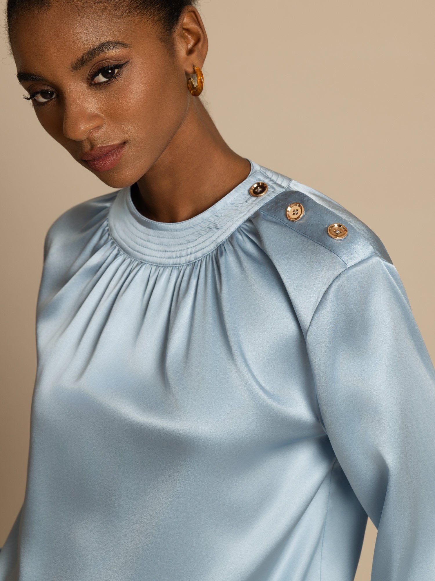 [Gråblå] SilkSilky-NO 19Momme Silke Langermet Rund Hals Bluse 006