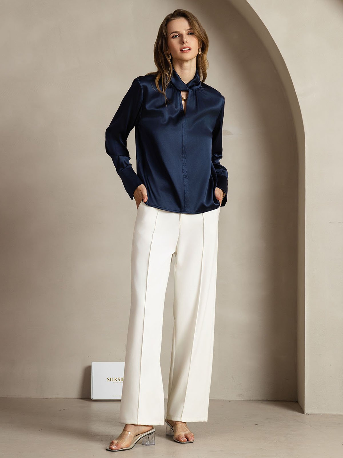 [Mørke blå] SilkSilky-NO 19Momme Silke Womens Shirt 008