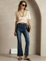[Champagne] SilkSilky-NO Short Sleeve Lapel Collar Skjorte for Kvinner 007