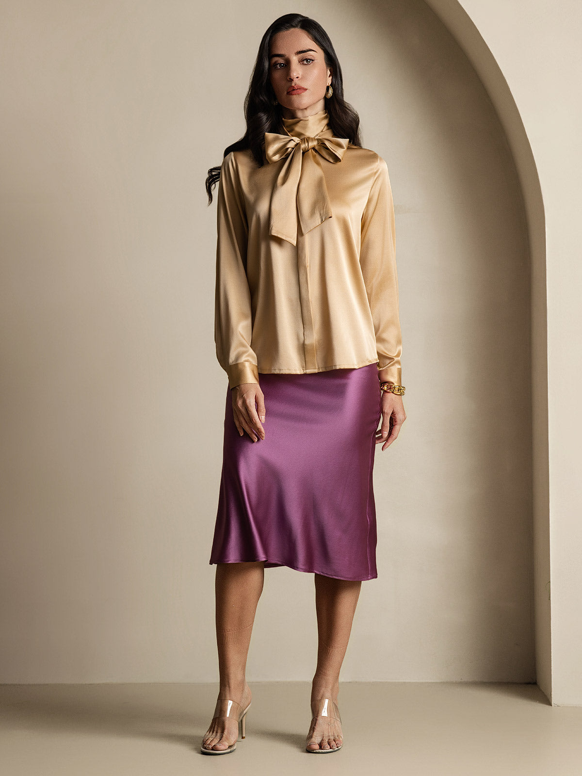 [Champagne] SilkSilky-NO 19Momme Silke Long Sleeve Tie Neck Skjorte for Kvinner 010