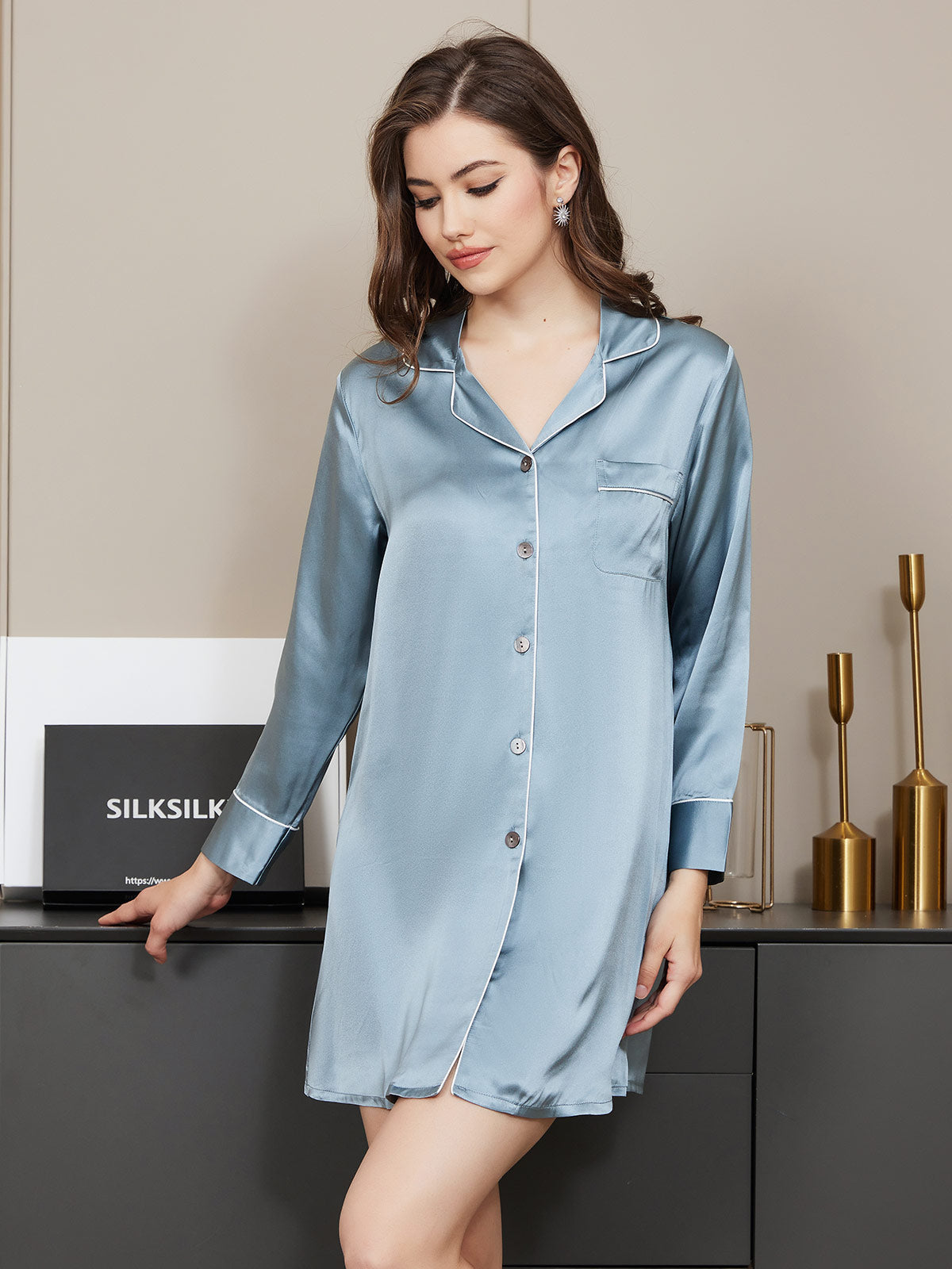 SilkSilky  Pure Silk Long Sleeve Lapel Nightshirt SteelBlue 002