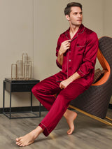 [Rød] SilkSilky-NO Long Sleeve Lapel Collar Pyjamas for menn 006