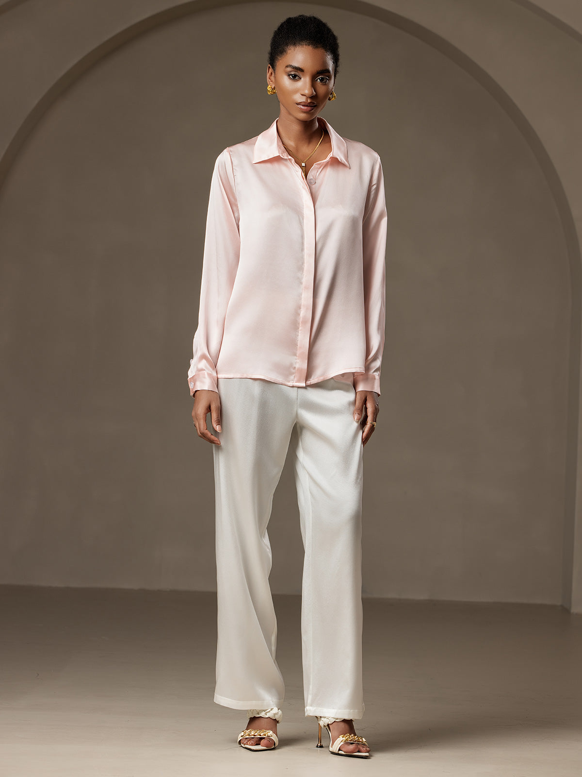 [Rosa] SilkSilky-NO 19Momme Silke Lapel Collar Skjorte for Kvinner 007