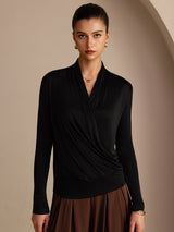 [Svart] SilkSilky-NO Long Sleeve Wrap Damebluser 001