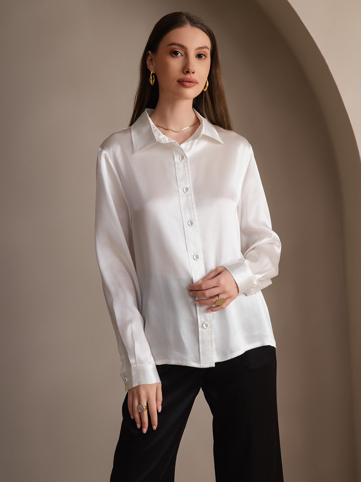 SilkSilky-NO 19Momme Silke Womens Shirt Hvit 004