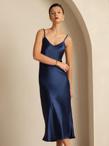 [Mørke blå] SilkSilky-NO Spaghetti Strap V Neck Kjole 006