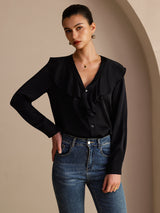 [Svart] SilkSilky-NO Long Sleeve Deep V Neck Damebluser 004