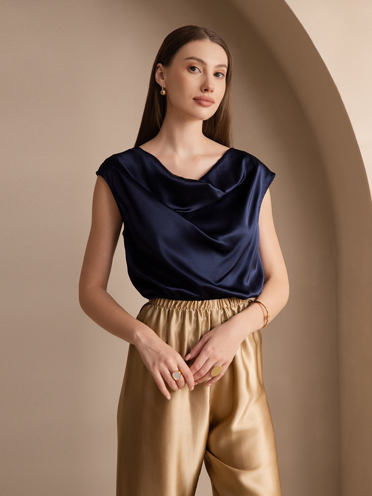[Mørke blå] SilkSilky-NO 19Momme Silke Cowl Neck T-skjorte for Kvinner 003