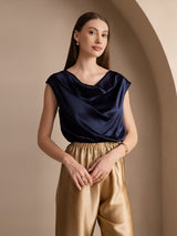 [Mørke blå] SilkSilky-NO Cap Sleeve Cowl Neck T-skjorte for Kvinner 003