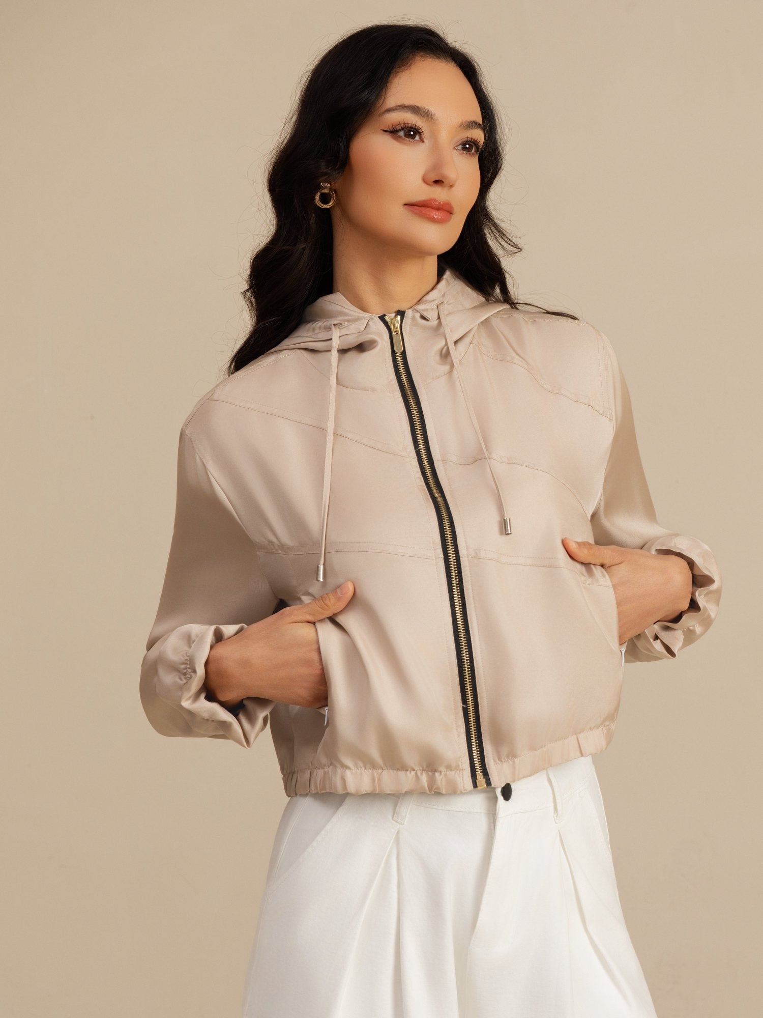 [Tan] SilkSilky-NO 18Momme Langermet Høy Hals Yttertøy for Kvinner 004