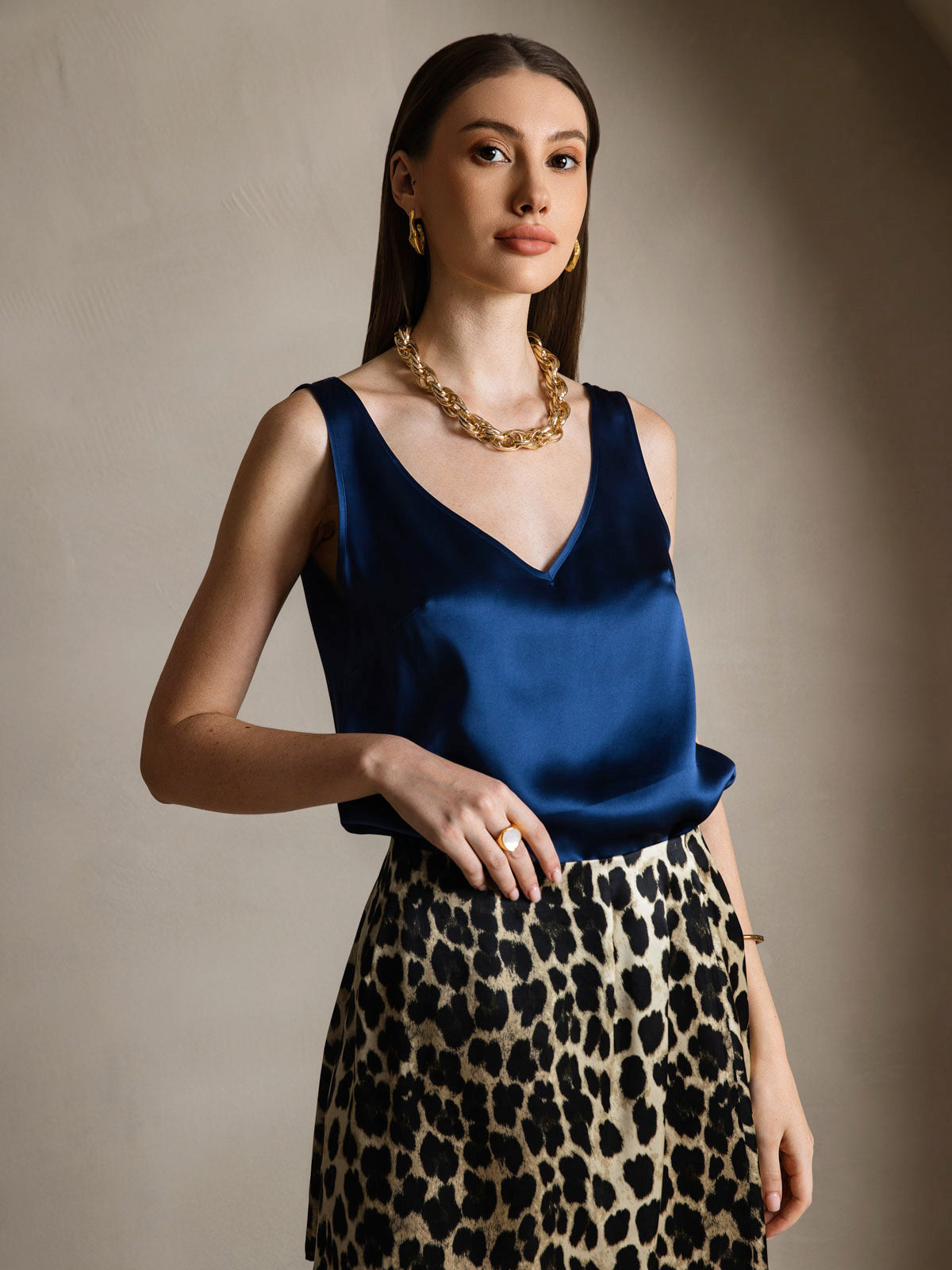 [Mørke blå] SilkSilky-NO 19Momme Silke V-Hals Camisole Topp 003
