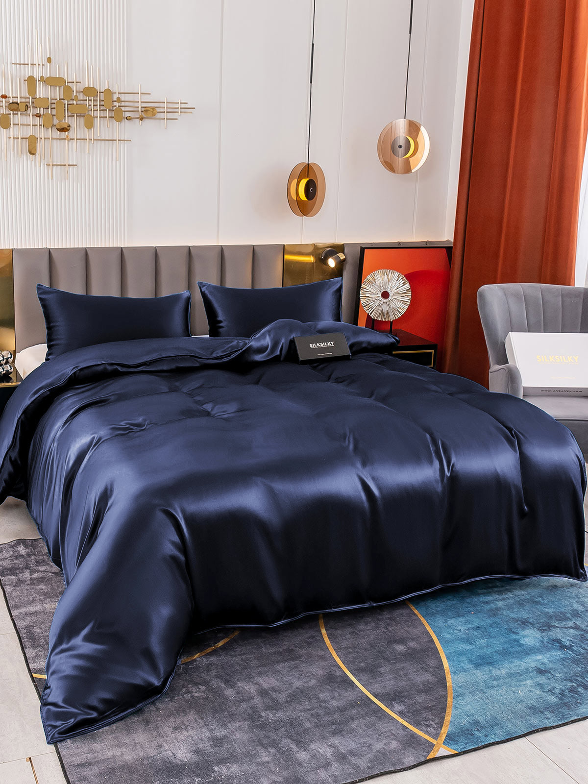 [Mørke blå] SilkSilky-NO 19Momme Bedding Set 004