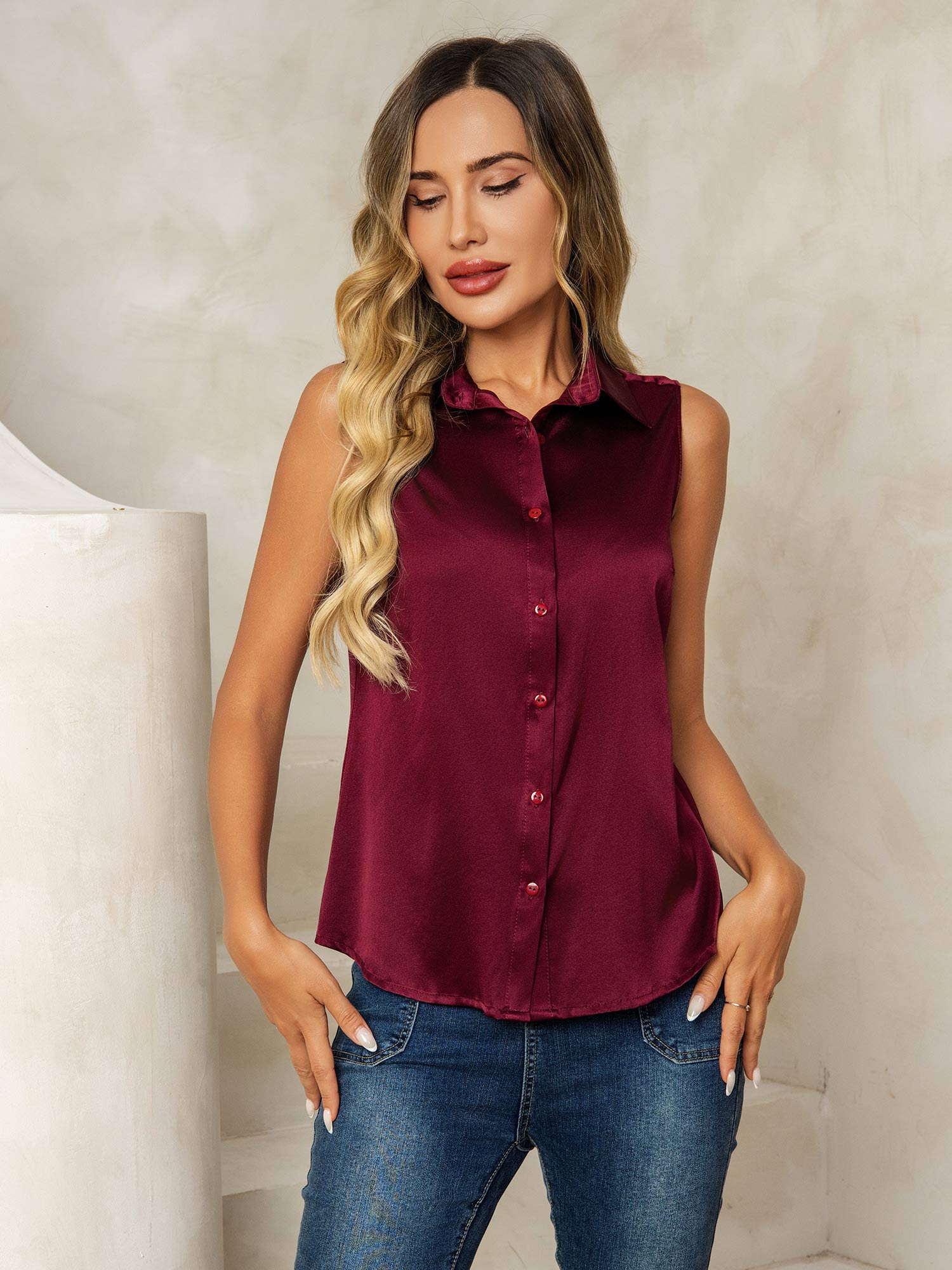 [Mørkerød] SilkSilky-NO 19Momme Silke Lapel Collar Skjorte for Kvinner 005