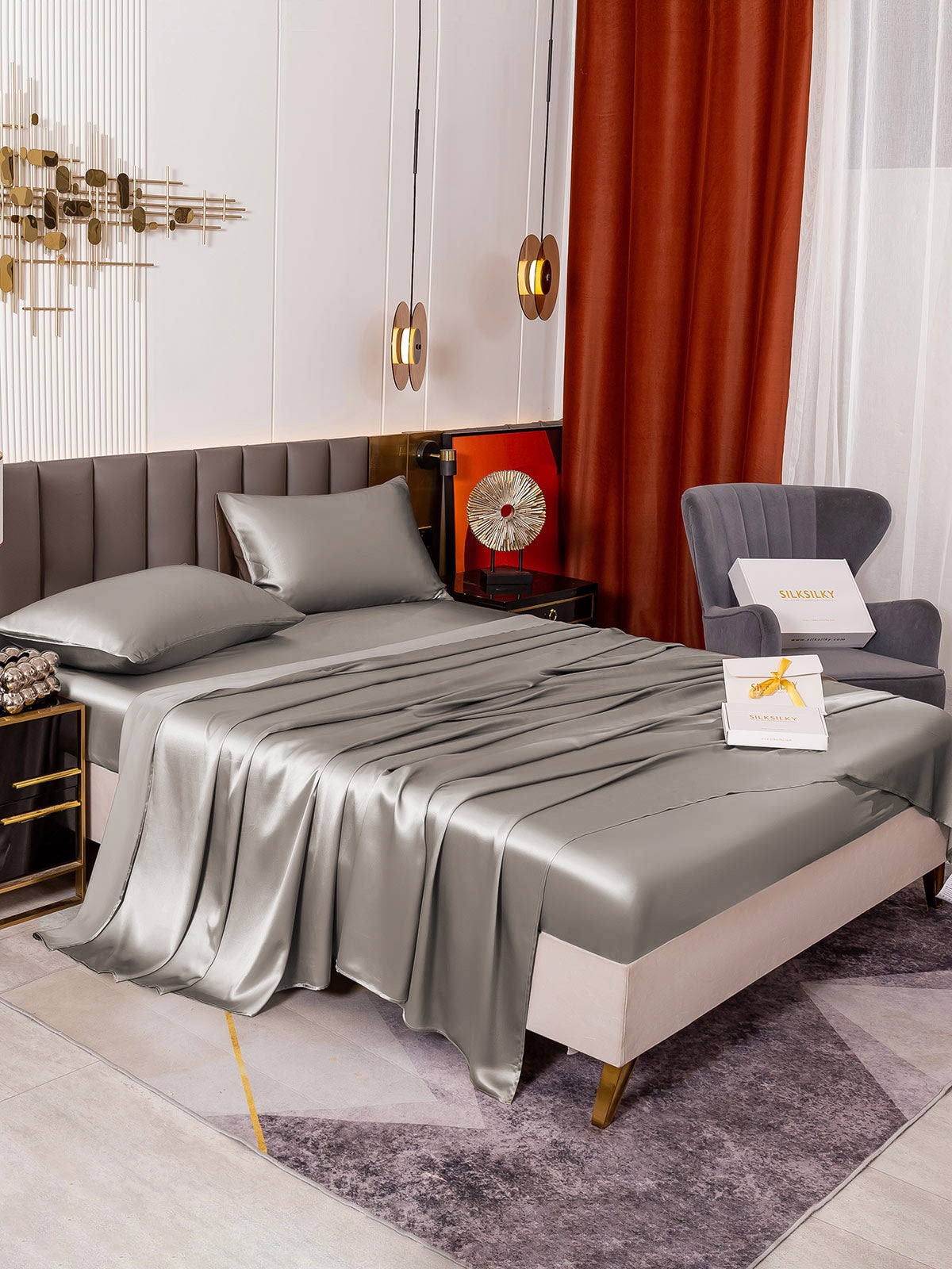 [Grå] SilkSilky-NO 19Momme Bedding Set 006