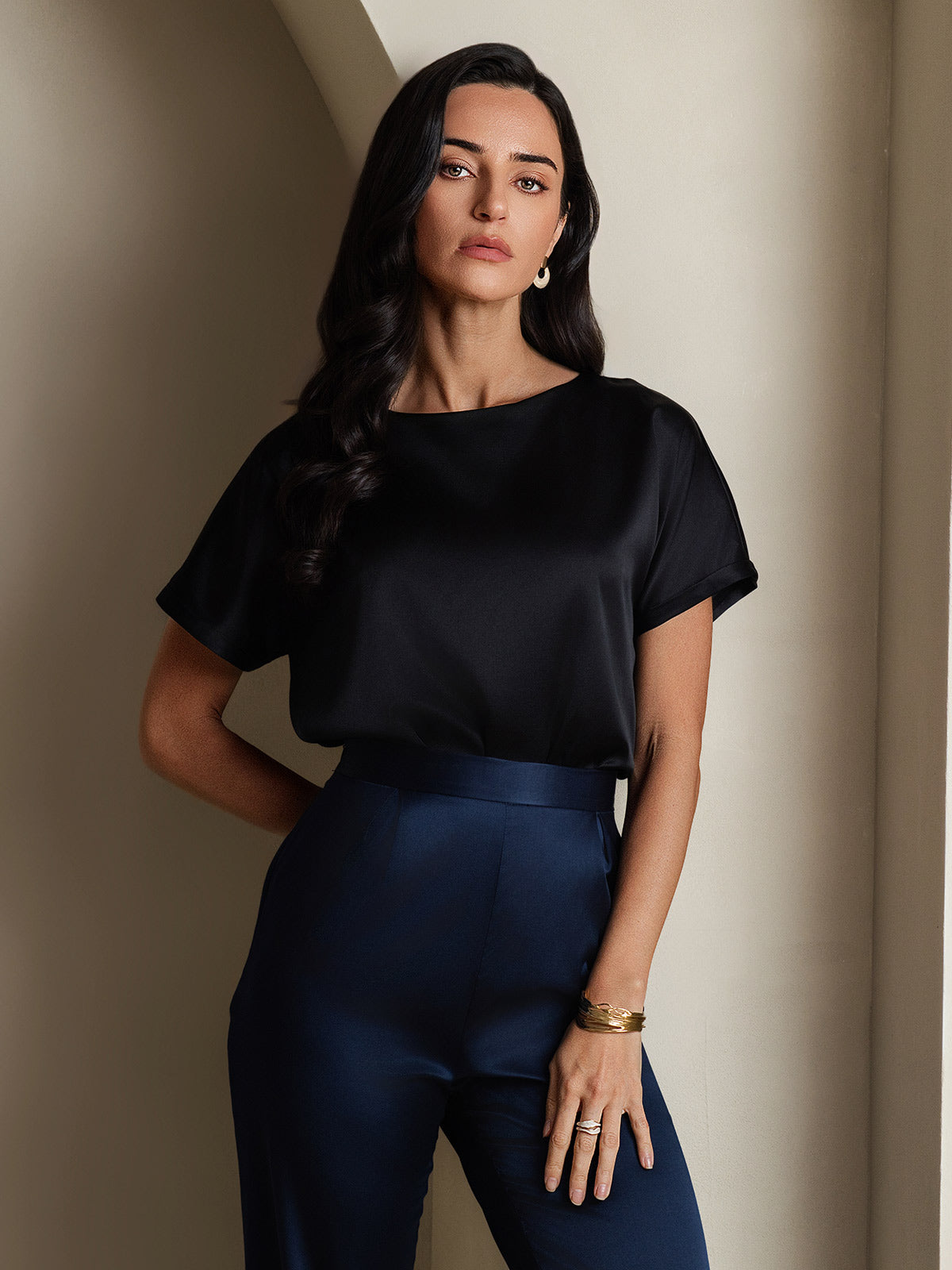 [Svart] SilkSilky-NO 19Momme Silke Womens T-Shirt 004,