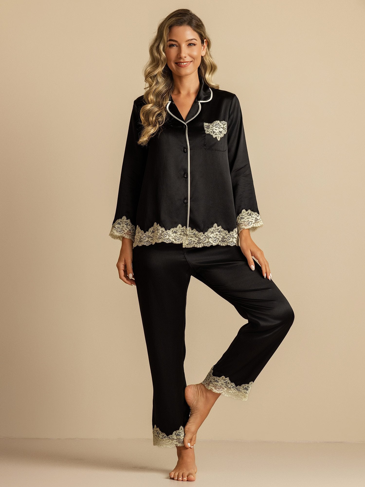 [Svart] SilkSilky-NO Silke Womens Pajamas 001