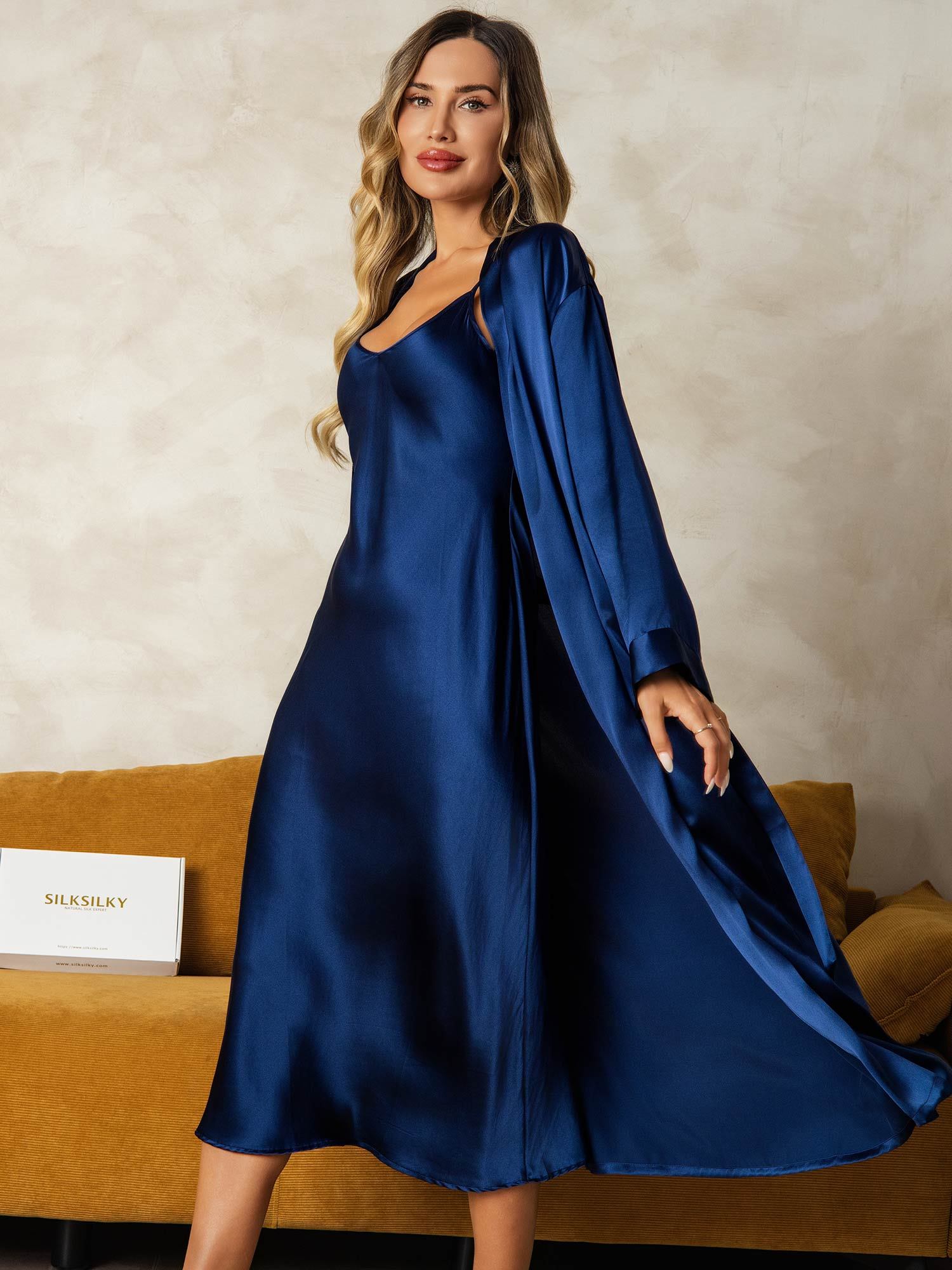 [Mørke blå] SilkSilky-NO Silke Nightgown&Robe Set 004