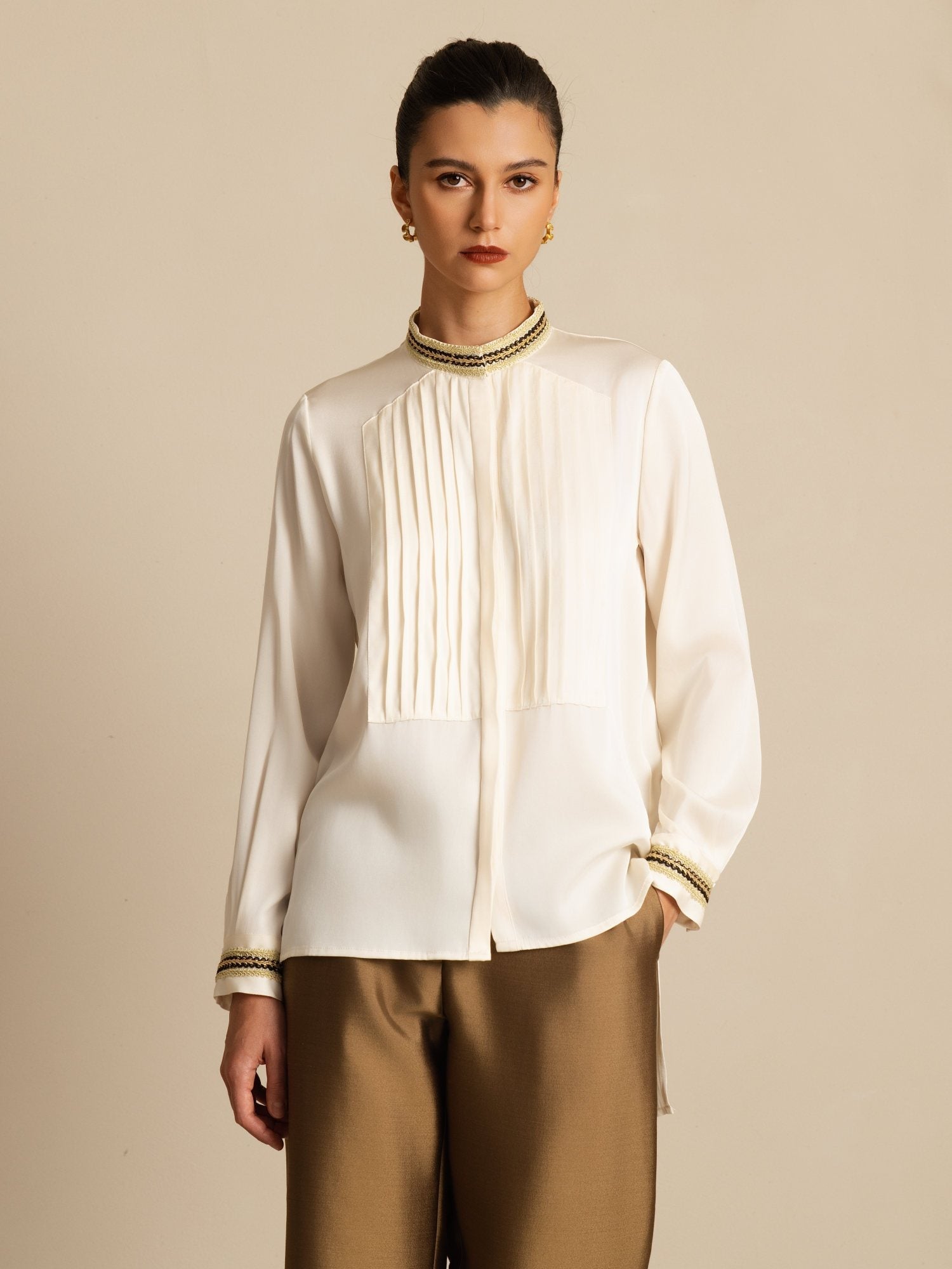 [Havperle] SilkSilky-NO 19Momme Silke Langermet Ståkrave Bluse 001