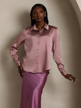 [Blek Mauve] SilkSilky-NO Long Sleeve Lapel Collar Skjorte for Kvinner 003