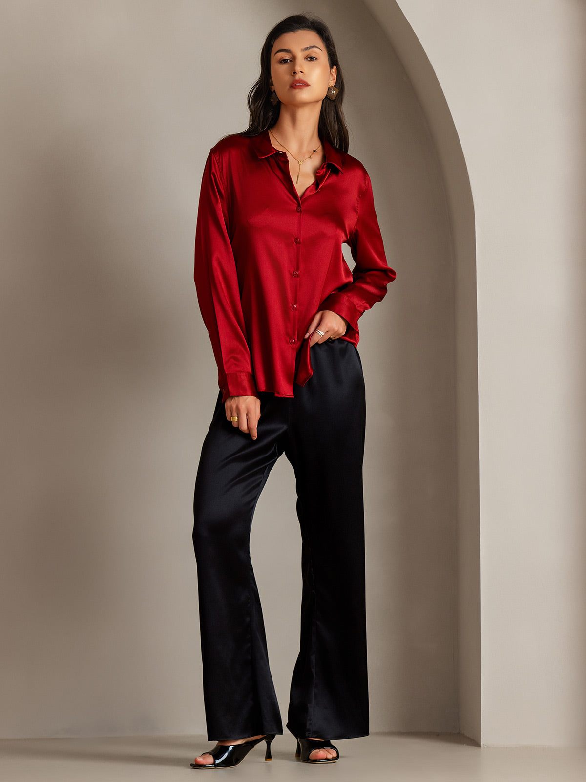[Rød] SilkSilky-NO Silke Lapel Collar Skjorte for Kvinner 004