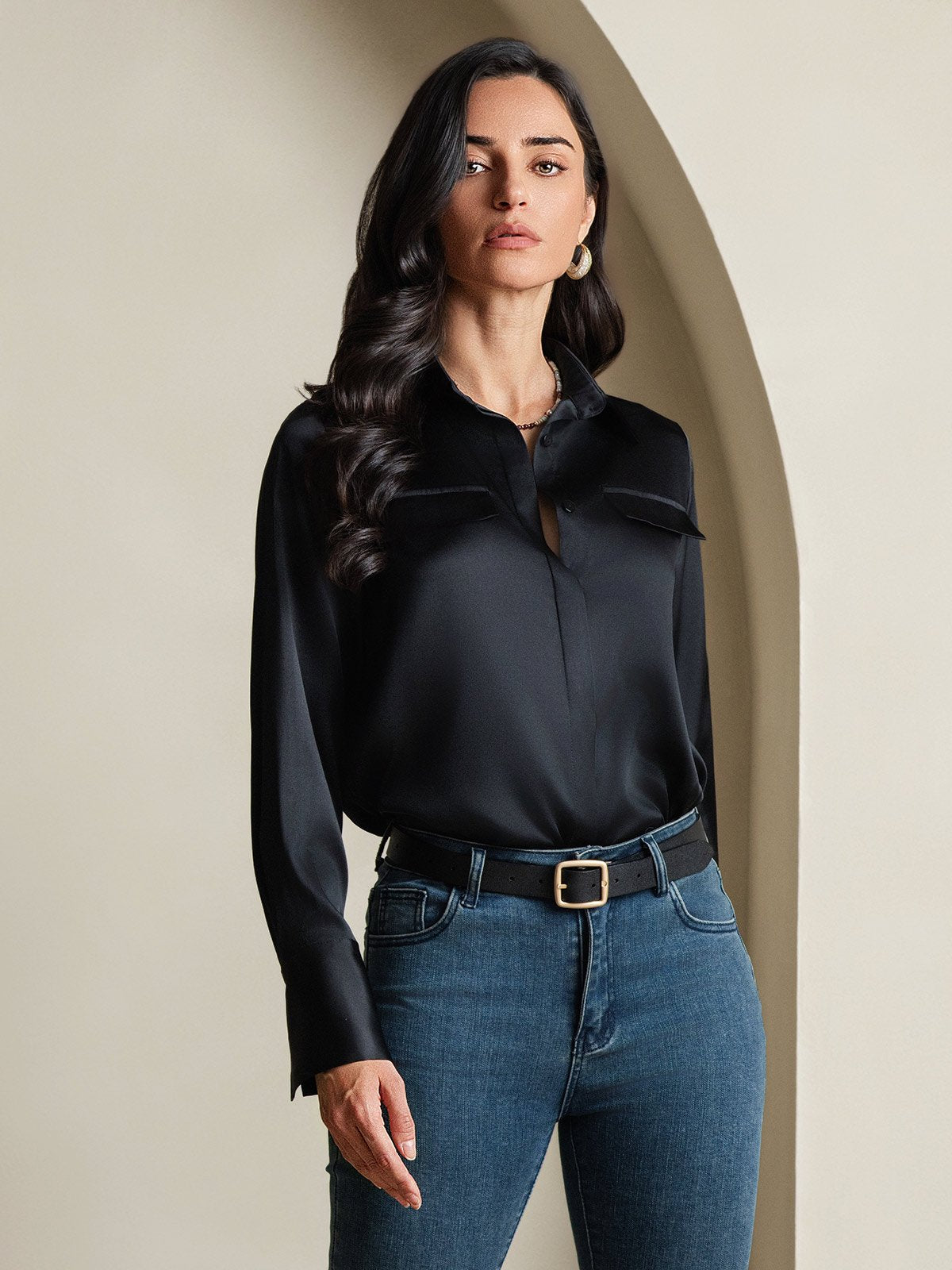 SilkSilky-NO 19Momme Silke Womens Shirt Svart 004