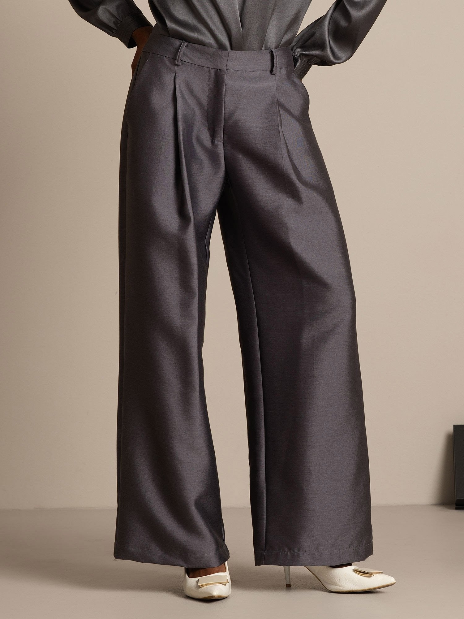 [Grå] SilkSilky-NO 32Momme Silk-Wool Blend Womens Pants 007,