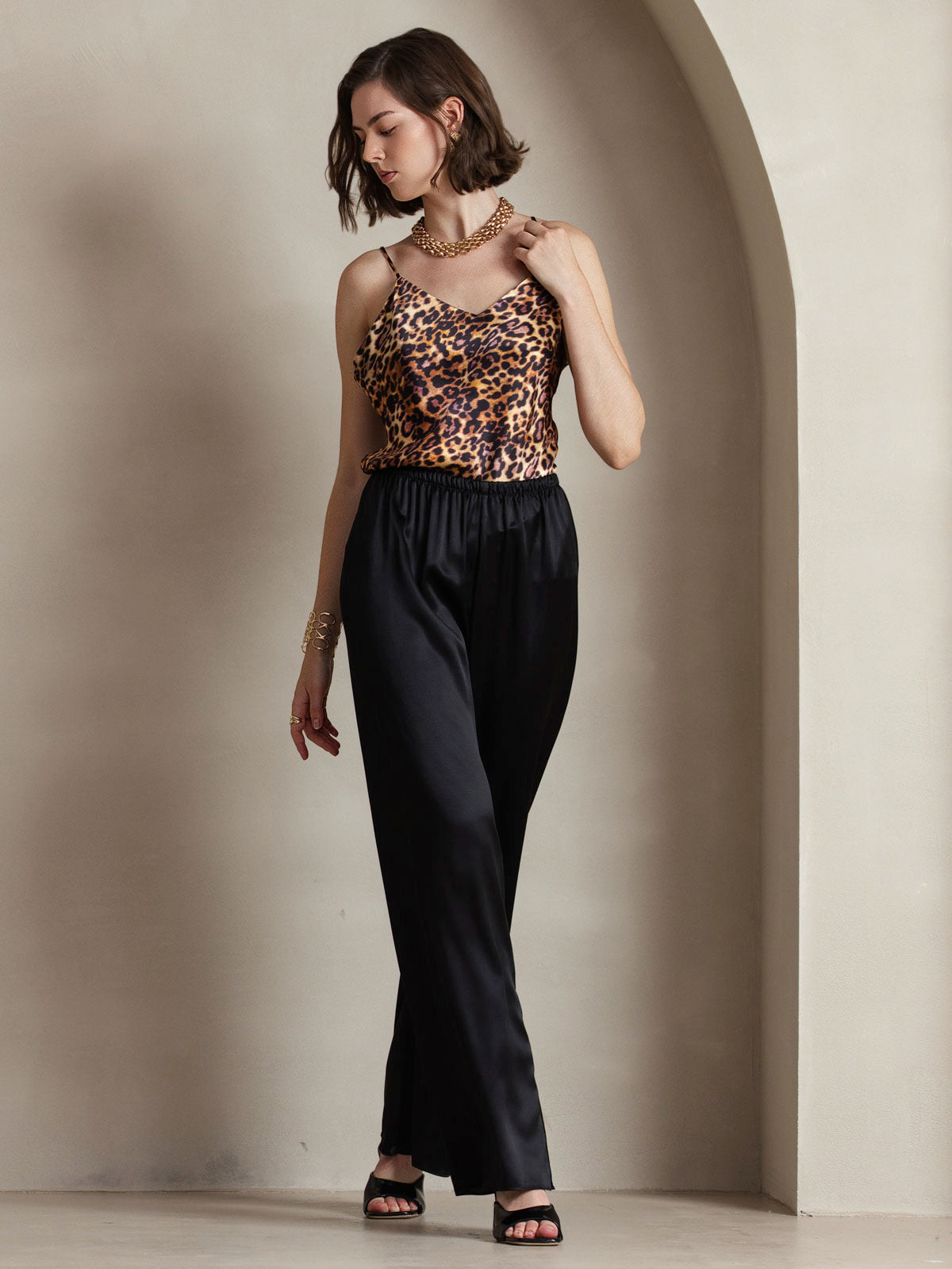 SilkSilky US Pure Silk Sleeveless V Neck Camisole Top Leopard 006