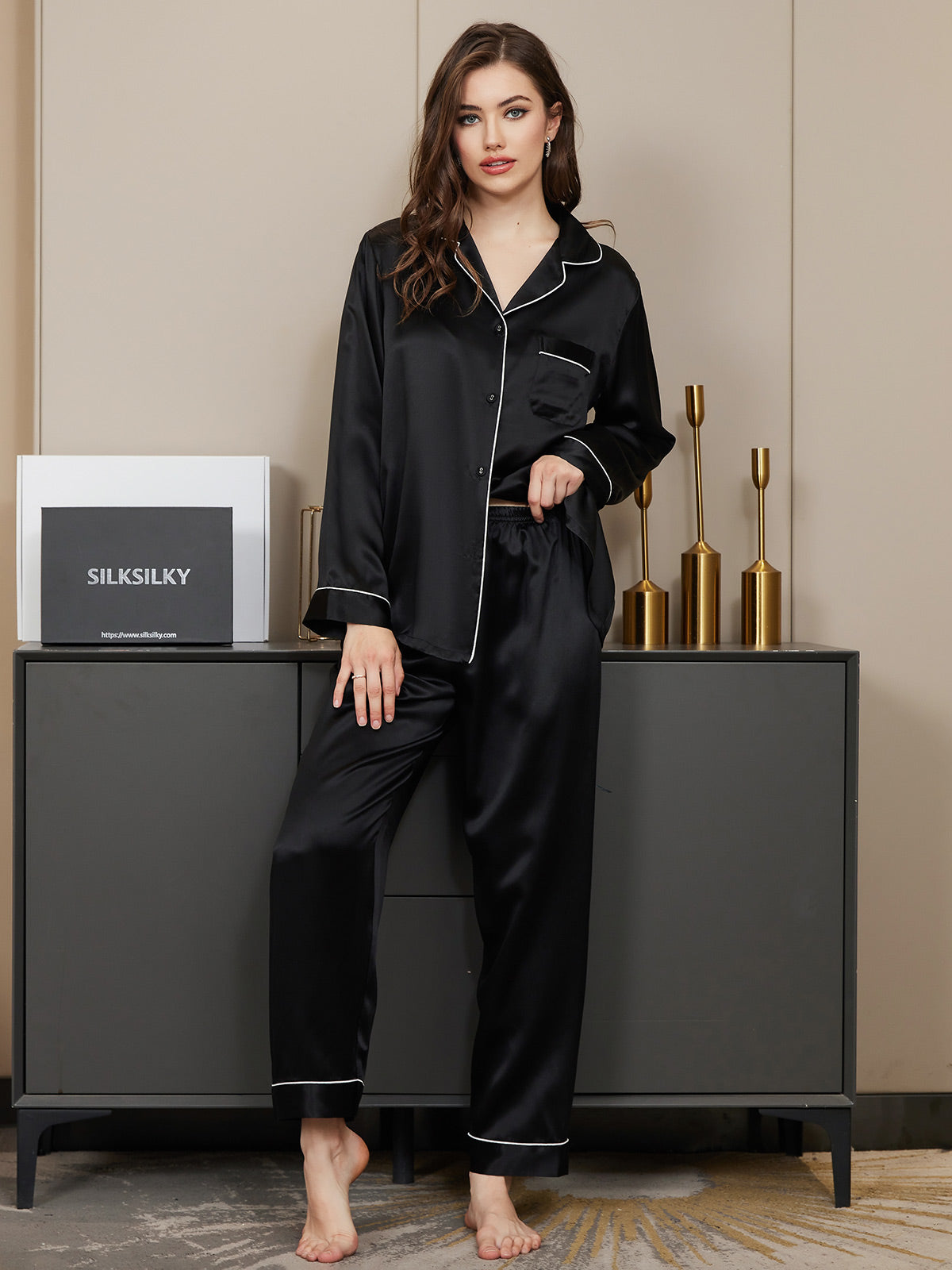 SilkSilky  Pure Silk Long Sleeve Lapel Women's Pajamas Black 001