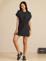[Svart] SilkSilky-NO 18Momme Kappeermer Henley-krage Kjole 006