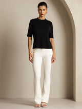 [Svart] SilkSilky-NO Halv erme Crew Neck T-skjorte for Kvinner 003