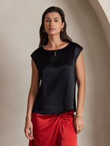 [Svart] SilkSilky-NO Cap Sleeve Round Neck T-skjorte for Kvinner 001