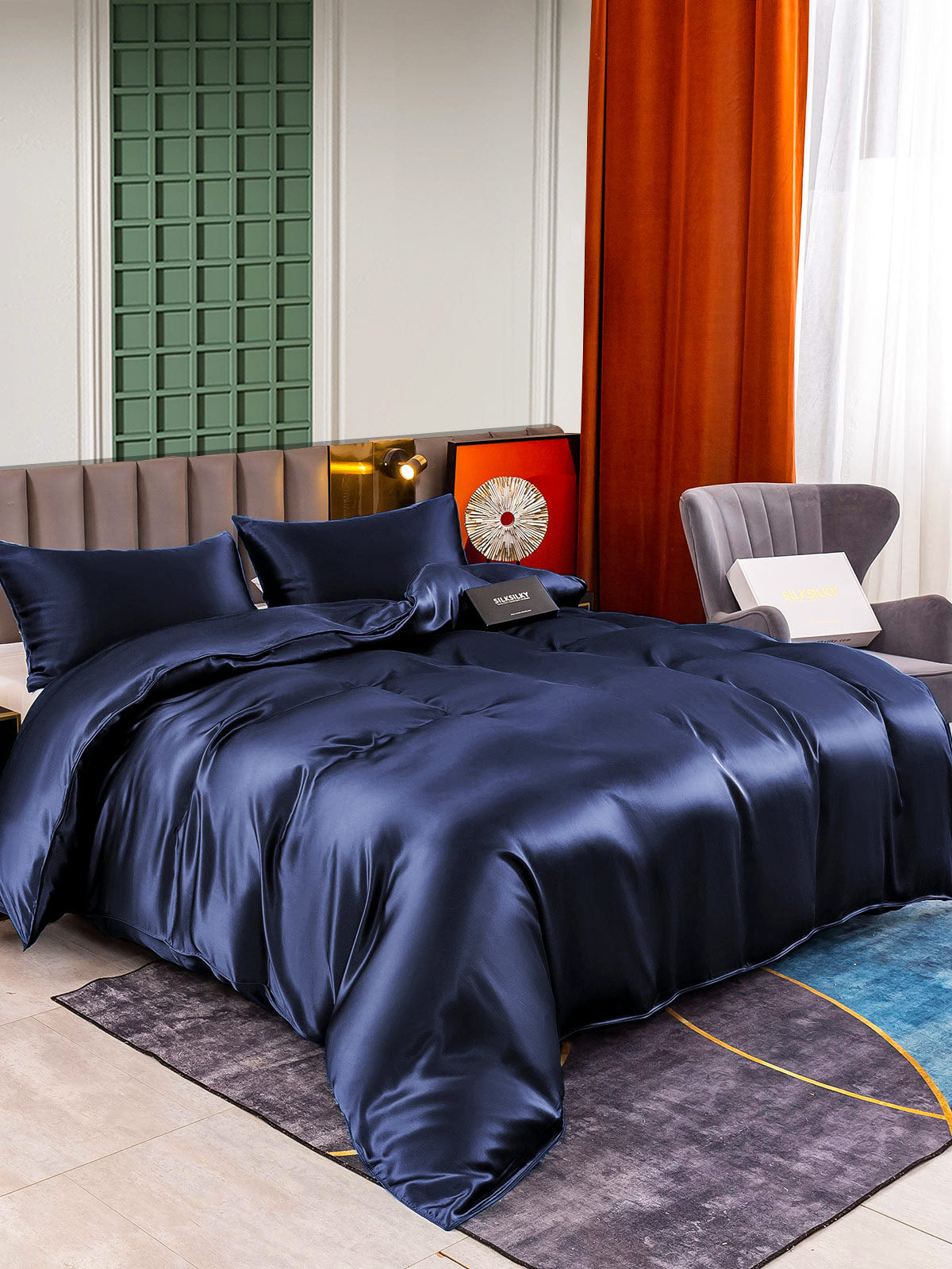 [Mørke blå] SilkSilky-NO 25Momme Bedding Set 001