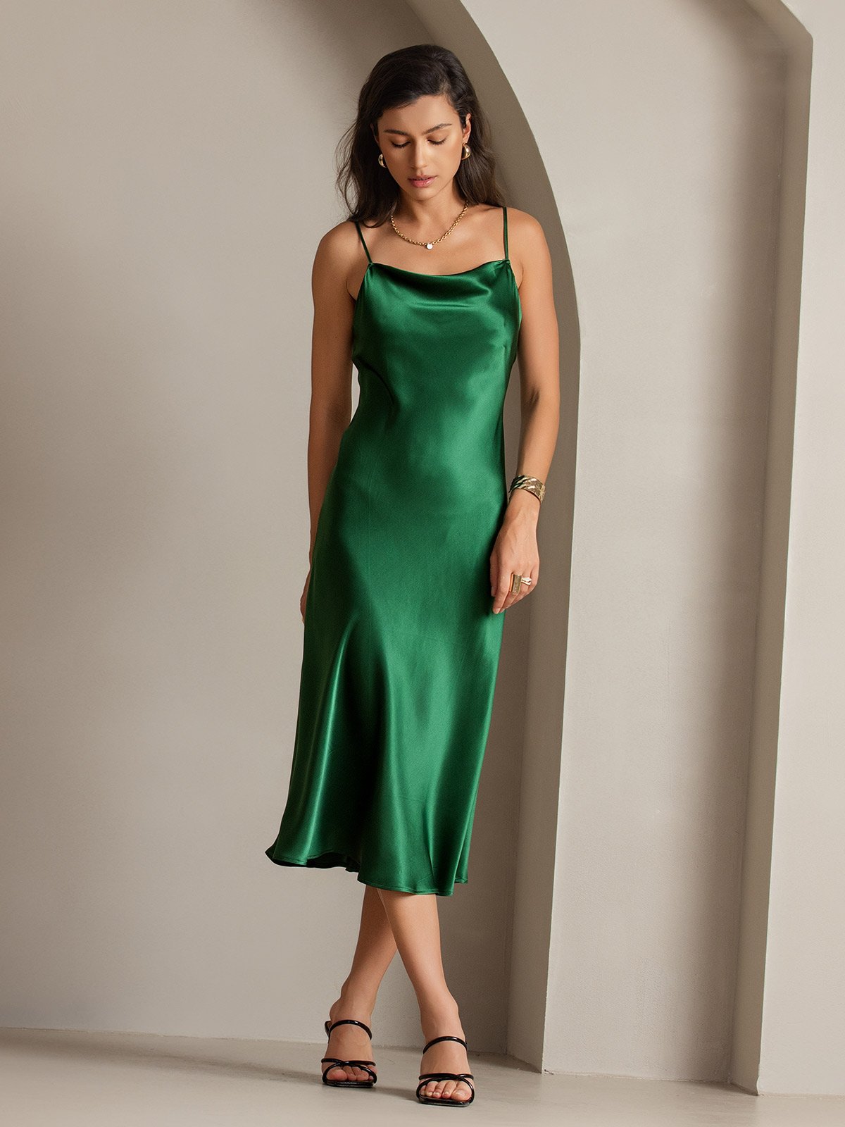 SilkSilky US Pure Silk Sleeveless Cowl Neck Dress Green 007