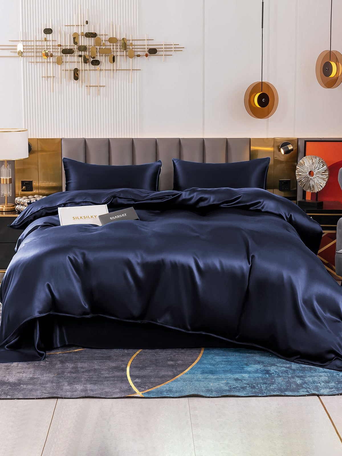 [Mørke blå] SilkSilky-NO 19Momme Bedding Set 002