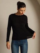 [Svart] SilkSilky-NO Long Sleeve Crew Neck T-skjorte for Kvinner 003