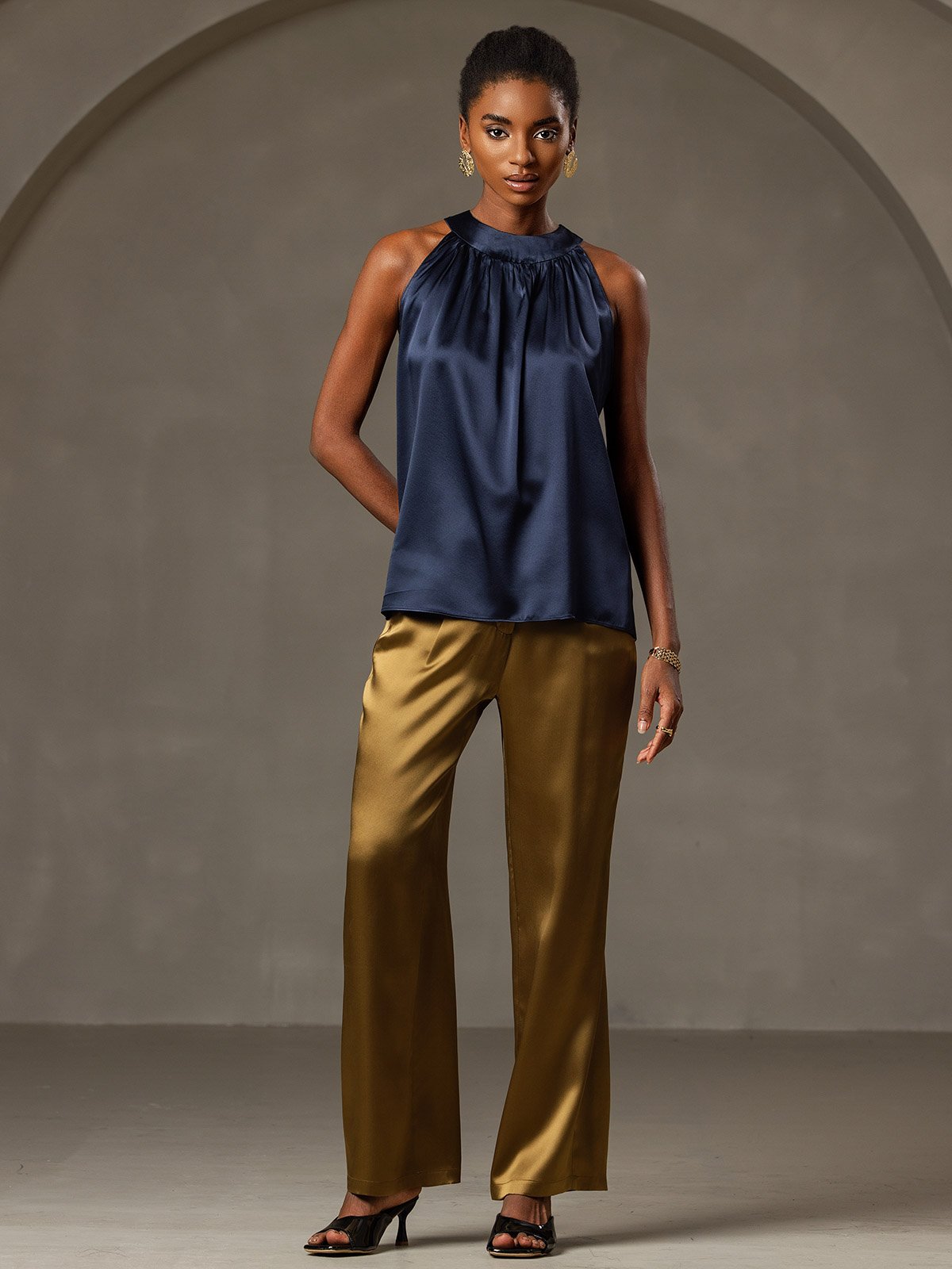 [Mørke blå] SilkSilky-NO 19Momme Silke Womens T-Shirt 005