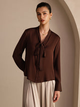 [Mørk Sjokolade] SilkSilky-NO Long Sleeve Tie Neck Damebluser 003